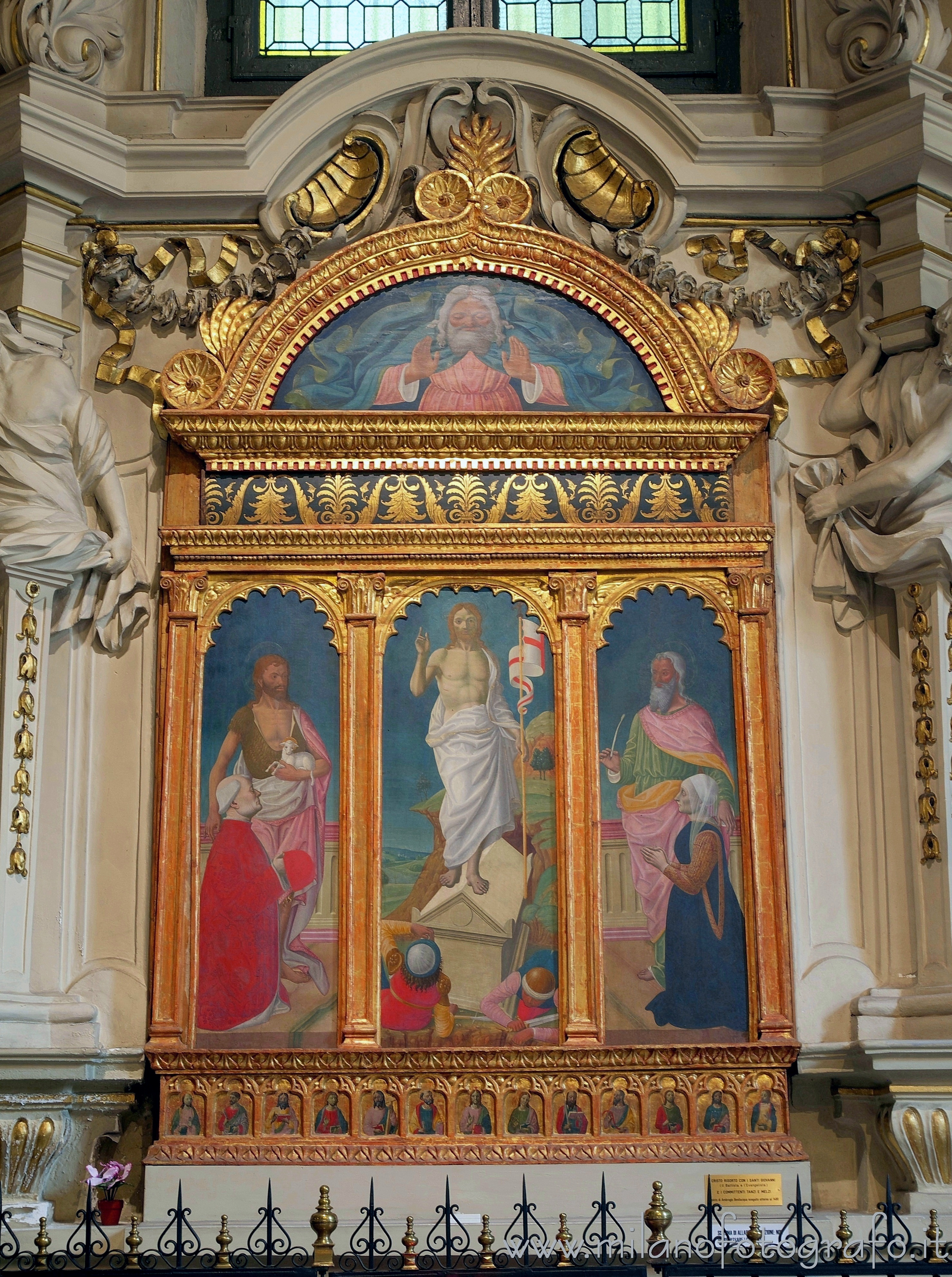 Milan (Italy) - Triptych of Resurrection with Saints John the Baptist and Evangelist and the Commitments in the Abbey of Casoretto